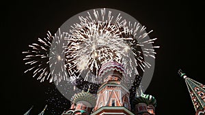 Cathedral of Intercession of Most Holy Theotokos on the Moat Temple of Basil the Blessed and fireworks, Red Square, Moscow