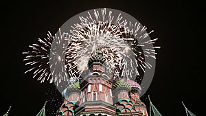 Cathedral of Intercession of Most Holy Theotokos on the Moat Temple of Basil the Blessed and fireworks, Red Square, Moscow