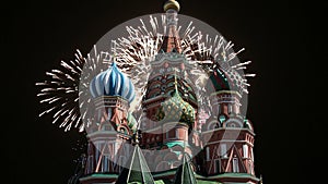 Cathedral of Intercession of Most Holy Theotokos on the Moat Temple of Basil the Blessed and fireworks, Red Square, Moscow