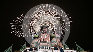 Cathedral of Intercession of Most Holy Theotokos on the Moat Temple of Basil the Blessed and fireworks, Red Square, Moscow