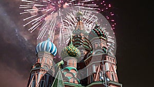 Cathedral of Intercession of Most Holy Theotokos on the Moat Temple of Basil the Blessed and fireworks, Red Square, Moscow