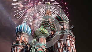 Cathedral of Intercession of Most Holy Theotokos on the Moat Temple of Basil the Blessed and fireworks, Red Square, Moscow