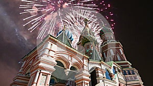 Cathedral of Intercession of Most Holy Theotokos on the Moat Temple of Basil the Blessed and fireworks, Red Square, Moscow