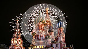 Cathedral of Intercession of Most Holy Theotokos on the Moat Temple of Basil the Blessed and fireworks, Red Square, Moscow