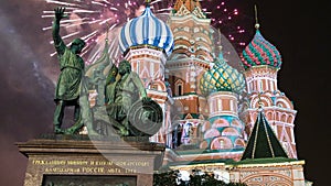 Cathedral of intercession of Most Holy Theotokos on the Moat Temple of Basil the Blessed and fireworks, Red Square, Moscow, Ru