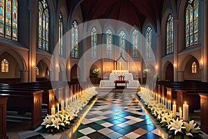 Cathedral Interior During a Candlelit Mass, Altar Adorned with White Lilies, Congregation in Solemn Reflection