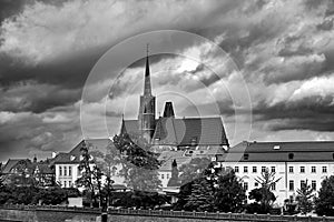 Cathedral Island in Wroclaw Poland with view on of St John the Baptist picturesque panorama medieval town. Black and white