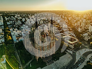 Cathedral of Jesus, La plata, aerial top view on rooftop. Church architecture on sunset photo