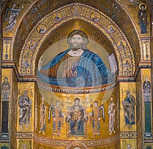 Golden mosaic in the apse of Cathedral of Monreale, in the province of Palermo. Sicily, southern Italy.