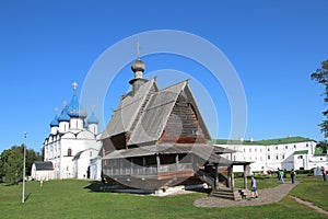 The Cathedral of the Nativity of the Theotokos and wooden St. Nicholas Church in Suzdal, Russia