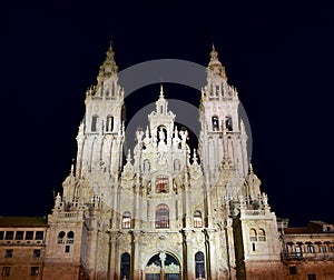 Cathedral at night, baroque facade and towers. Santiago de Compostela, Plaza del Obradoiro. Spain. photo