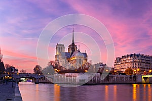 Cathedral of Notre Dame de Paris at sunset, France