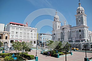 The cathedral of Nuestra Senora de la Asuncion and Cespedes park, in Santiago de Cuba, Cuba