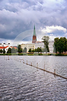 Cathedral and old town of Schwerin under dramatic clouds