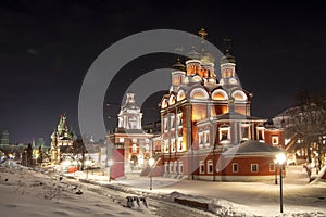 Cathedral of the Our Lady of the Sign Icon. Znamensky Monastery in winter night. Moscow, Russia.