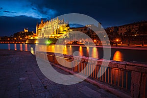 Cathedral of Palma de Majorca at night, Majorca, Balearic Islands