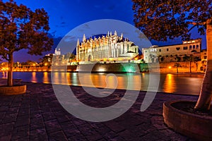 Cathedral of Palma de Majorca at night, Majorca, Balearic Islands