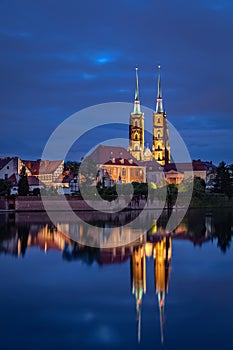 Cathedral reflecting in Oder river, Wroclaw, Poland