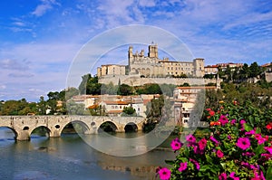 Cathedral and the River Orb in Beziers, France photo