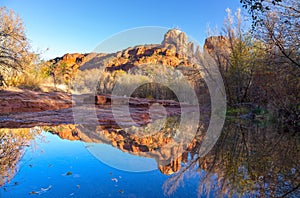 Cathedral Rock Sandstone Formation Reflected in Oak Creek Calm Water
