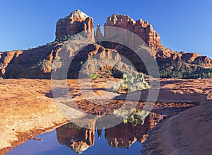 Cathedral Rock Spire Reflection in Shallow Pool with Cactus in Foreground and Blue Sky Landscape