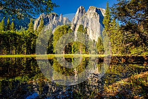 Cathedral Rocks reflecting in Merced River at Yosemite