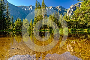 Cathedral Rocks reflecting in Merced River at Yosemite