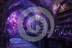 Cathedral\'s crypt converted into a potion lab, walls adorned with nebula murals, eerie, dim light