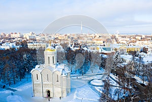 Cathedral of Saint Demetrius in Vladimir town at sunset, Russia. Aerial view