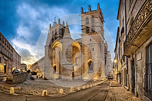 Cathedral of Saint Peter at dusk in Montpellier, France