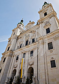 Cathedral of Saints Rupert and Vergilius front low angle view in Salzburg, Austria