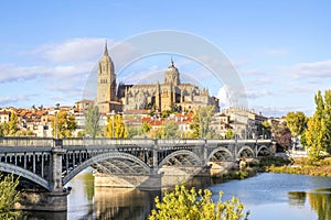 Cathedral of Salamanca and bridge over Tormes river, Spain