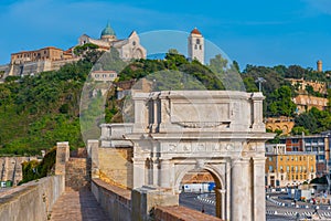 Cathedral of San Ciriaco behind Arco di Traiano in Ancona, Italy