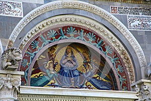 Detail view of the facade of the Cathedral Santa Maria Assunta in Pisa, Tuscany, Italy