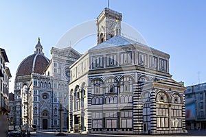 Cathedral of Santa Maria del Fiore and Baptistery of St. John Battistero of San Giovanni early morning at sunrise, Florence,