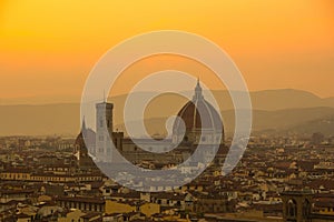 Cathedral of Santa Maria del Fiore Duomo. Amazing evening golden hour light. View from Piazzale Michelangelo.