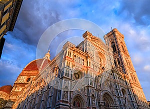 Cathedral of Santa Maria del Fiore in Florence at sunset, Italy.