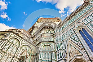 Cathedral Santa Maria del Fiore in Florence, Tuscany, Italy. Detail of the facade. Florence Cathedral, formally the Cattedrale di