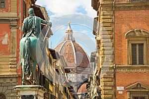 Cathedral of Santa Maria del Fiore and Monument of Cosimo de Medici. View from the Piazza of the Santissima Annunziata.