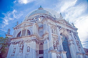 Cathedral of Santa Maria della salute in Venice, close-up against the blue sky