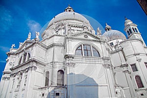 Cathedral of Santa Maria della salute in Venice, close-up against the blue sky