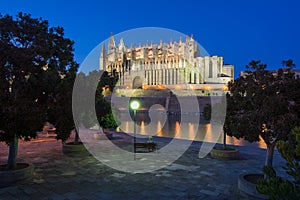 Cathedral of Santa Maria of Palma La Seu at night, Palma de Mallorca, Spain