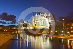 Cathedral of Santa Maria of Palma La Seu at night, Palma de Mallorca, Spain