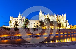 Cathedral of Santa Maria of Palma La Seu and Royal Palace of La Almudaina at night, Palma de Mallorca, Spain