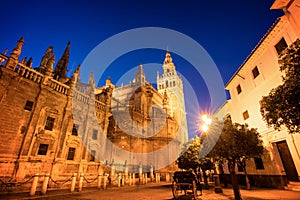 The cathedral of Seville and la Giralda by night, Spain