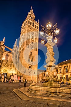 The cathedral of Seville and la Giralda by night, Spain