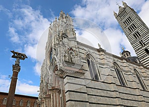 cathedral of SIENA in central Italy with the bell tower and the statue of the she-wolf with Romulus and Remus photo