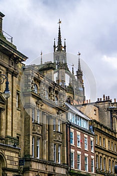 Cathedral spire of St Nicholas church in centre of Newcastle upon Tyne North East England