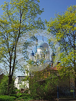 Cathedral in the spring of greenery. Pokrovsky Cathedral in Gatchina. Russia.