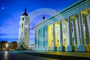 Cathedral Square in central Vilnius old town illuminated at evening, Lithuania